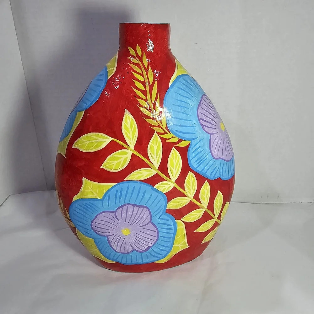 Folk Art Papier Mache Vase Haiti Signed Paper Mache Hand Painted Haitian Blaise